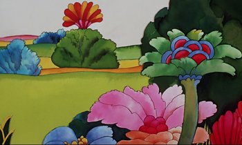 Movie still from “Yellow Submarine” (1968), directed by George Dunning – A painting of a field of flowers with trees in the background; Extreme Wide shot, High angle