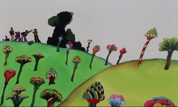 Movie still from “Yellow Submarine” (1968), directed by George Dunning – A painting of a field of mushrooms with a person walking on the side; Extreme Wide shot, Low angle