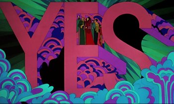 Movie still from “Yellow Submarine” (1968), directed by George Dunning – A group of people standing on top of a building; Extreme Wide shot, Low angle