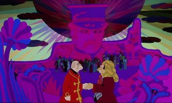 Movie still from “Yellow Submarine” (1968), directed by George Dunning – Two people shaking hands in front of a large painting; Wide shot, Over the shoulder angle