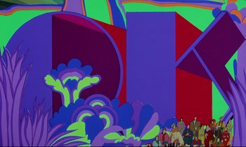 Movie still from “Yellow Submarine” (1968), directed by George Dunning – A group of people standing next to each other in front of a colorful wall; Extreme Wide shot, Low angle