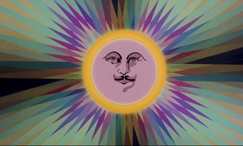 Movie still from “Yellow Submarine” (1968), directed by George Dunning – A painting of a sun with a face and a mustache on it; Close Up shot, Low angle