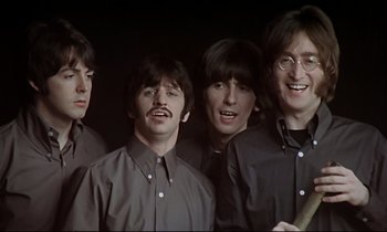 Movie still from “Yellow Submarine” (1968), directed by George Dunning – A group of men standing next to each other in a room; Close Up shot, Over the shoulder angle