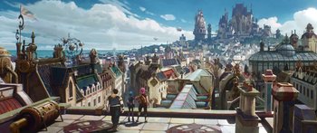 Movie still from “Arcane” (2021), created by Alex Yee – Two people standing on a rooftop looking out over a city; Extreme Wide shot, High angle