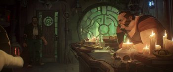 Movie still from “Arcane” (2021), created by Alex Yee – A man sitting at a table with a clock in the background; Medium shot, Low angle