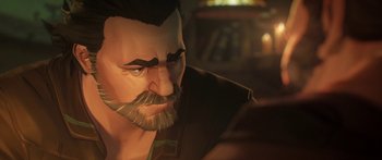 Movie still from “Arcane” (2021), created by Alex Yee – An illustration of a man with a beard and mustache; Close Up shot, Over the shoulder angle