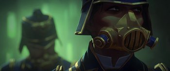 Movie still from “Arcane” (2021), created by Alex Yee – A person wearing a helmet; Close Up shot, Low angle