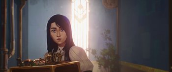 Movie still from “Arcane” (2021), created by Alex Yee – A woman sitting in front of a window; Medium shot, Low angle