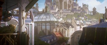 Movie still from “Arcane” (2021), created by Alex Yee – An artistic painting of a city with many buildings and trees; Extreme Wide shot, Low angle