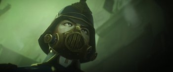 Movie still from “Arcane” (2021), created by Alex Yee – A person wearing a gas mask; Close Up shot, Low angle