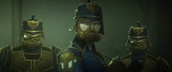 Movie still from “Arcane” (2021), created by Alex Yee – A woman with a helmet and a gas mask on; Close Up shot, Low angle