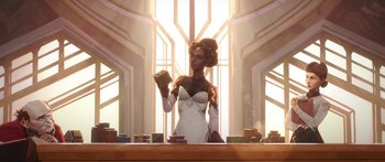 Movie still from “Arcane” (2021), created by Alex Yee – A woman standing in front of a table holding a tea pot; Medium shot, Low angle