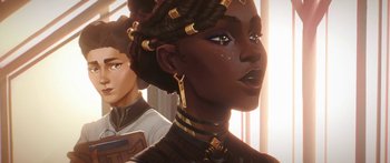 Movie still from “Arcane” (2021), created by Alex Yee – A person wearing a black and gold outfit; Close Up shot, Over the shoulder angle