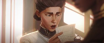 Movie still from “Arcane” (2021), created by Alex Yee – An illustration of a woman holding a piece of paper; Close Up shot, Low angle