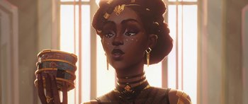 Movie still from “Arcane” (2021), created by Alex Yee – An illustration of an african american woman holding a drink; Close Up shot, Over the shoulder angle