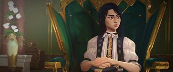 Movie still from “Arcane” (2021), created by Alex Yee – A woman sitting in a chair holding a book in her hands; Medium shot, High angle