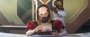 Movie still from “Arcane” (2021), created by Alex Yee – A painting of an old man with a beard and a mustache; Medium shot, High angle