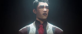 Movie still from “Arcane” (2021), created by Alex Yee – A man with a red neck tie is looking at the camera; Close Up shot, Low angle