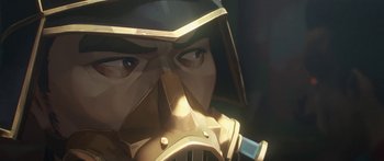 Movie still from “Arcane” (2021), created by Alex Yee – A person wearing a gas mask; Close Up shot, High angle