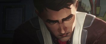 Movie still from “Arcane” (2021), created by Alex Yee – A man's face in a painting style; Close Up shot, High angle