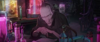 Movie still from “Arcane” (2021), created by Alex Yee – An old man sitting at a table in front of a bottle; Medium shot, Over the shoulder angle
