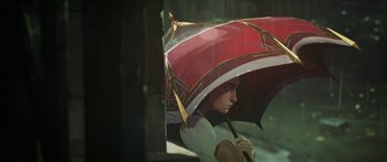 Movie still from “Arcane” (2021), created by Alex Yee – A woman holding an umbrella while standing in front of a window; Close Up shot, Low angle