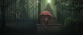 Movie still from “Arcane” (2021), created by Alex Yee – A woman sitting under an umbrella in the dark; Wide shot, High angle
