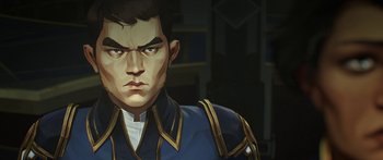 Movie still from “Arcane” (2021), created by Alex Yee – An illustration of a man in a blue and gold uniform; Close Up shot, Low angle