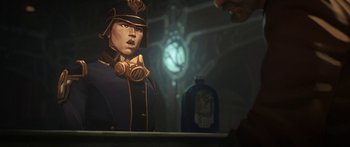 Movie still from “Arcane” (2021), created by Alex Yee – A person is holding a bottle in front of an image of a man; Close Up shot, Low angle