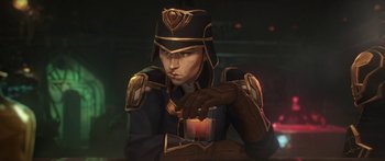 Movie still from “Arcane” (2021), created by Alex Yee – A person holding a glass of liquid in their hand; Close Up shot, Low angle