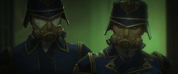 Movie still from “Arcane” (2021), created by Alex Yee – A couple of people that are standing next to each other; Close Up shot, Low angle