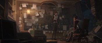 Movie still from “Arcane” (2021), created by Alex Yee – A man standing in front of a chalkboard with papers on the wall; Wide shot, High angle