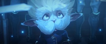 Movie still from “Arcane” (2021), created by Alex Yee – A painting of a cat with long white hair; Close Up shot, High angle