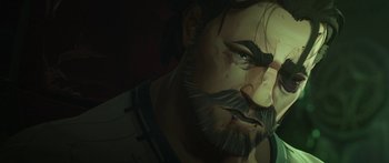 Movie still from “Arcane” (2021), created by Alex Yee – An illustration of a man with a beard and mustache; Close Up shot, High angle