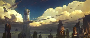 Movie still from “Arcane” (2021), created by Alex Yee – An artistic painting of a city with a sky filled with clouds; Extreme Wide shot, Low angle