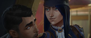 Movie still from “Arcane” (2021), created by Alex Yee – An image of a man and a woman face to face; Close Up shot, Over the shoulder angle