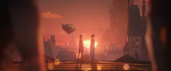 Movie still from “Arcane” (2021), created by Alex Yee – Two people standing in front of an air balloon in the sky; Extreme Wide shot, Over the shoulder angle