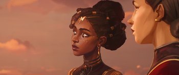 Movie still from “Arcane” (2021), created by Alex Yee – A painting of an african american woman in a black dress; Close Up shot, Over the shoulder angle