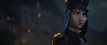 Movie still from “Arcane” (2021), created by Alex Yee – A person wearing a helmet; Close Up shot, Low angle