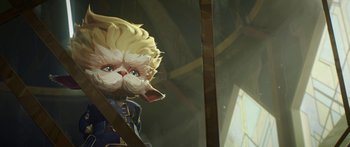 Movie still from “Arcane” (2021), created by Alex Yee – A painting of a cat with a long blond hair and blue eyes; Close Up shot, Low angle