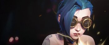 Movie still from “Arcane” (2021), created by Alex Yee – A person wearing sunglasses and a blue head scarf; Close Up shot, Low angle