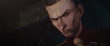 Movie still from “Arcane” (2021), created by Alex Yee – An illustration of an evil looking man with an angry look on his face; Close Up shot, Low angle