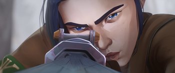Movie still from “Arcane” (2021), created by Alex Yee – A woman's face with a gun in front of it; Extreme Close Up shot, Low angle