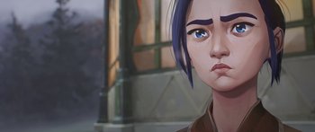 Movie still from “Arcane” (2021), created by Alex Yee – An illustration of a woman with blue hair; Close Up shot, Over the shoulder angle