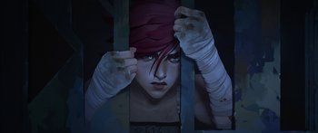 Movie still from “Arcane” (2021), created by Alex Yee – A painting of a woman holding a cell phone up to her face; Close Up shot, Overhead angle