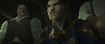 Movie still from “Arcane” (2021), created by Alex Yee – An illustration of a man with a gas mask on; Close Up shot, Low angle