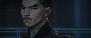 Movie still from “Arcane” (2021), created by Alex Yee – A man's face in a video game; Close Up shot, Over the shoulder angle