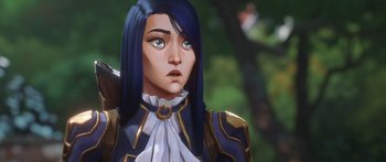 Movie still from “Arcane” (2021), created by Alex Yee – A woman with long blue hair wearing a white and blue outfit; Close Up shot, Low angle