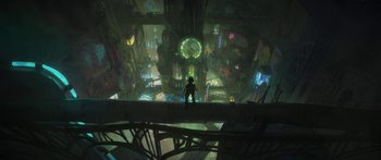 Movie still from “Arcane” (2021), created by Alex Yee – A man standing on top of a building in the middle of a city; Extreme Wide shot, Overhead angle