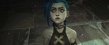 Movie still from “Arcane” (2021), created by Alex Yee – An illustration of a woman with blue hair; Close Up shot, High angle